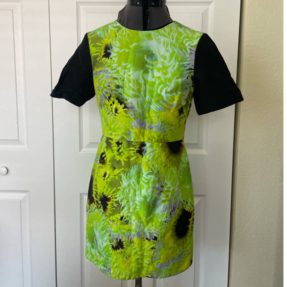 Tibi Athena Neon Green and Black Silk Linen Blend Floral Mini Dress, Size 4 🔴 - Picture 2 of 4